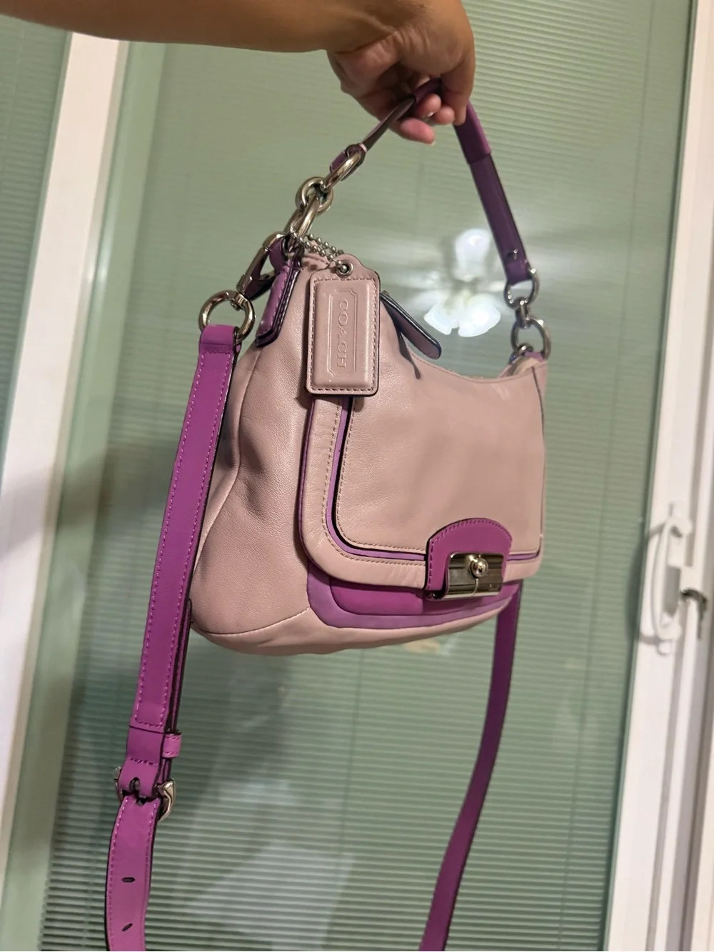 Coach Pink Leather Shoulder Bag with Purple Trim
